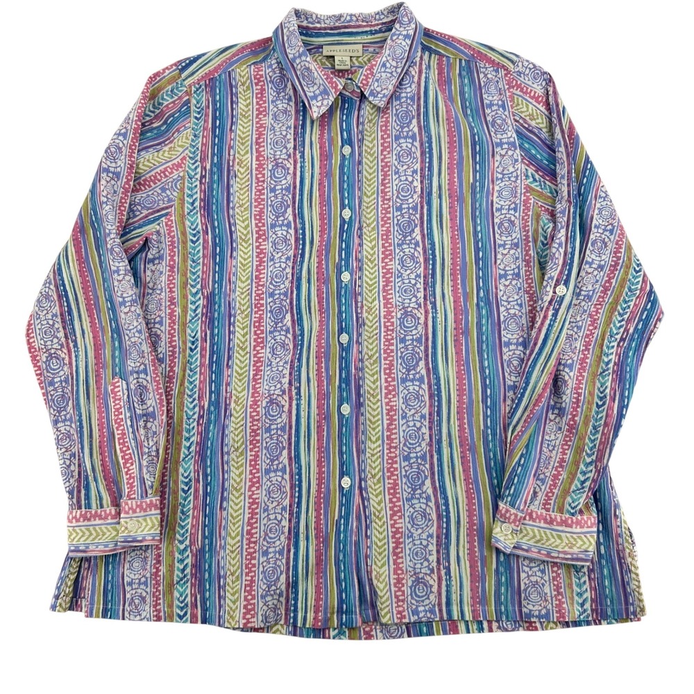 Appleseed's Shirt Womens L Cotton Striped Button Up Long Sleeve Roll-Tab Boho
